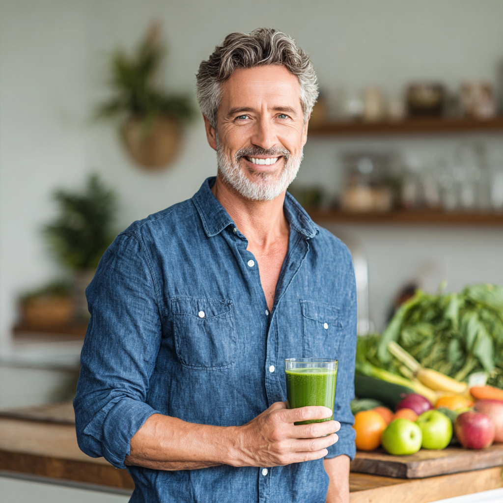 Confident man in his early 50s with graying hair and a warm smile, wearing a casual blue button-up shirt, standing in a modern bright kitchen with fresh fruits and vegetables on the counter, holding a glass of fresh green smoothie, natural daylight creating a healthy and positive atmosphere