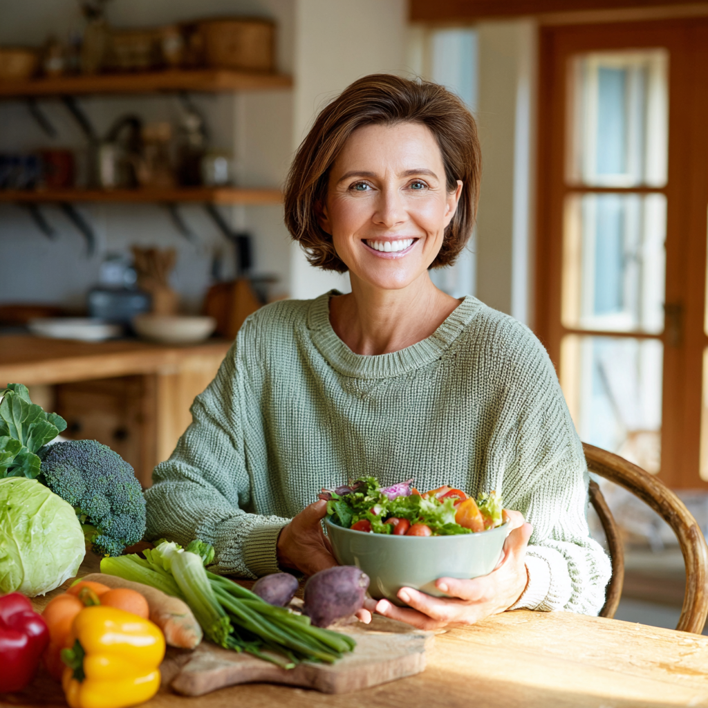 Smiling woman in her mid-40s with short brown hair wearing a light green sweater, sitting at a wooden kitchen table with fresh vegetables and fruits, holding a nutritious salad bowl, natural lighting from a window showing a warm and inviting home kitchen environment